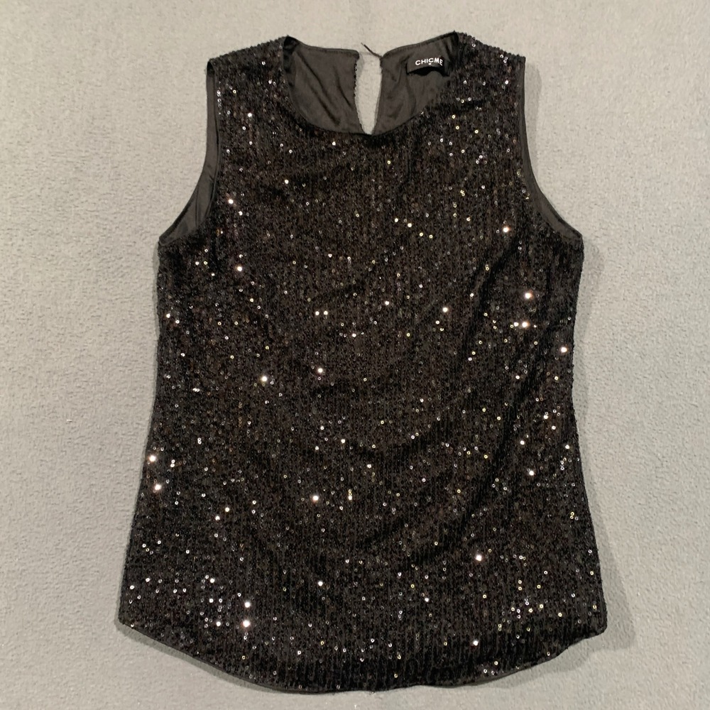 ChicMe Sequin Tank Top Women Size M Black Sleeveless Glam Party MSB0009 Sparkly